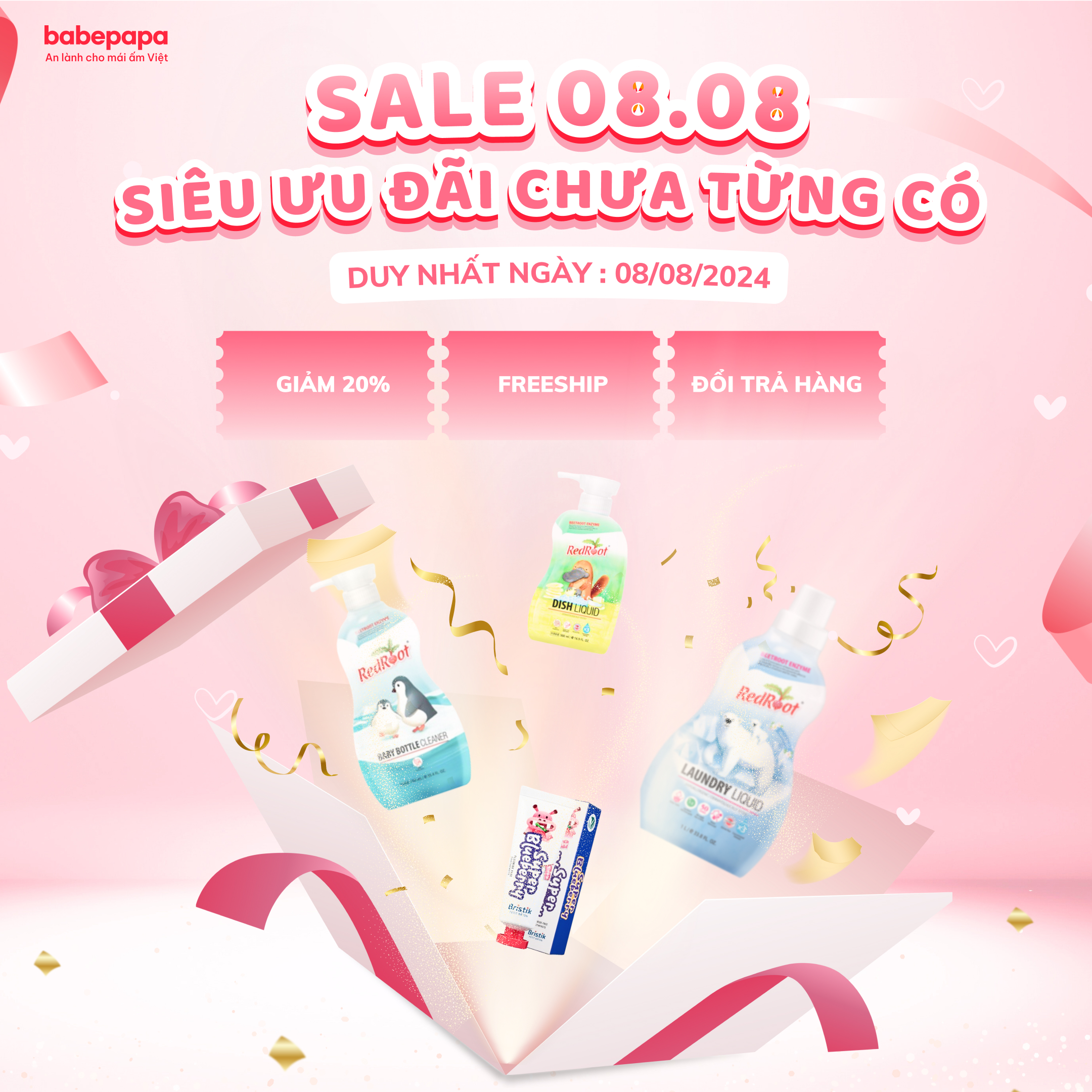 🎉 SIÊU ƯU ĐÃI NGÀY 08/08: GIẢM 20% TẤT CẢ SẢN PHẨM BABEPAPA VIỆT NAM! 🎉